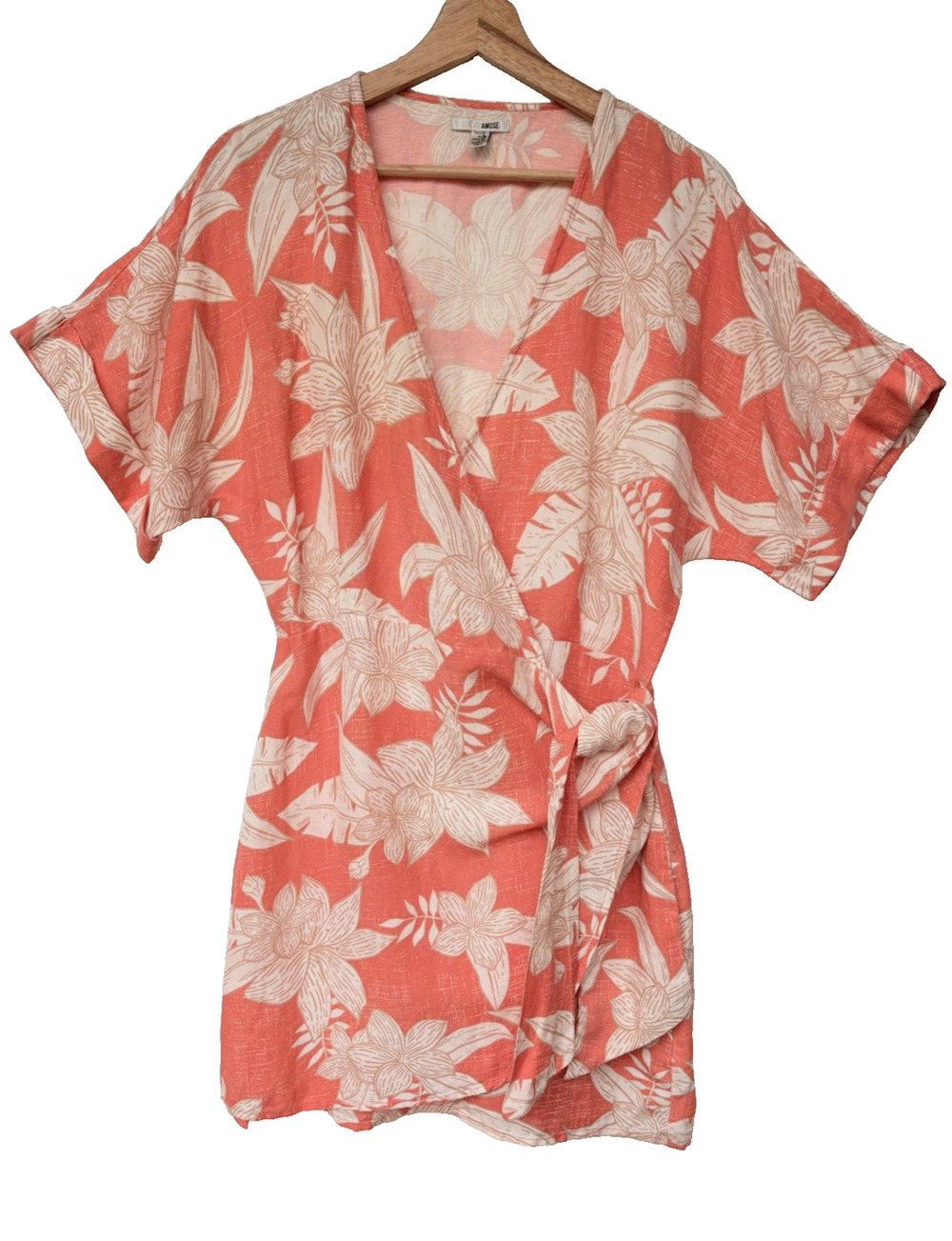 Amuse Society Mala Wrap Mini Dress Kimono Linen Blend Coral Tropical Resort S